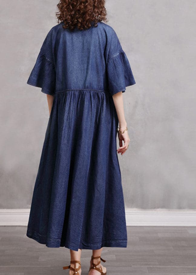 Stylish Blue O-Neck Cinched Embroideried Cotton denim Dresses Butterfly Sleeve NZ-SDL220304