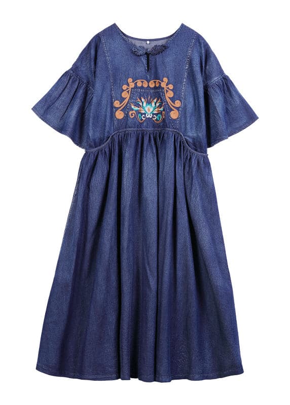 Stylish Blue O-Neck Cinched Embroideried Cotton denim Dresses Butterfly Sleeve NZ-SDL220304