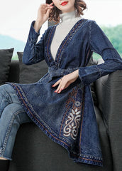 Stylish Blue V Neck Embroideried Tie Waist Cotton Denim Trench Coats Long Sleeve NZ-TCT220606