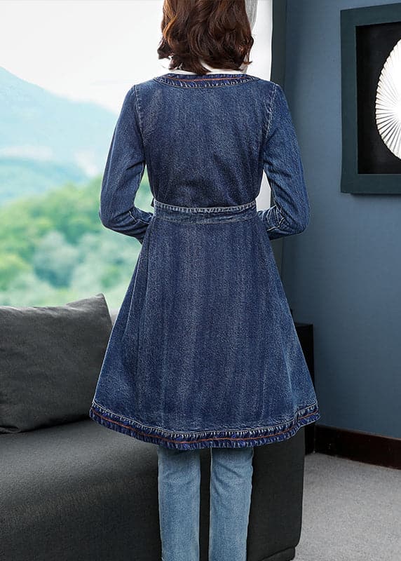 Stylish Blue V Neck Embroideried Tie Waist Cotton Denim Trench Coats Long Sleeve NZ-TCT220606