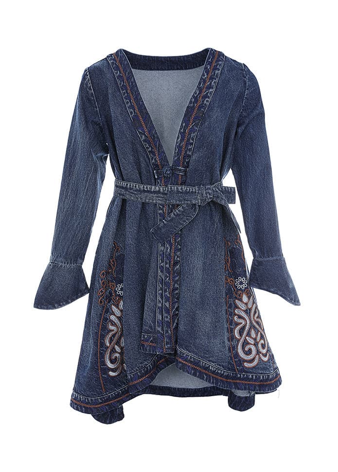 Stylish Blue V Neck Embroideried Tie Waist Cotton Denim Trench Coats Long Sleeve NZ-TCT220606