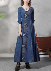 Stylish Blue V Neck Leaf Embroideried Cotton Denim Maxi Dress Half Sleeve nz-FDL220304