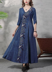 Stylish Blue V Neck Leaf Embroideried Cotton Denim Maxi Dress Half Sleeve nz-FDL220304