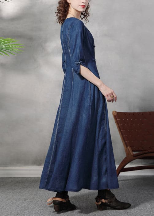 Stylish Blue V Neck Leaf Embroideried Cotton Denim Maxi Dress Half Sleeve nz-FDL220304