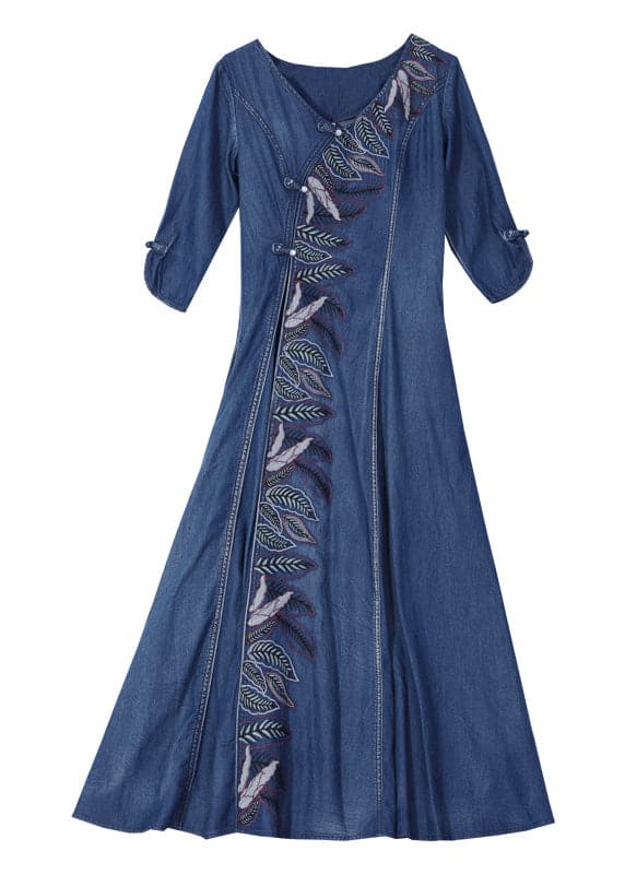 Stylish Blue V Neck Leaf Embroideried Cotton Denim Maxi Dress Half Sleeve nz-FDL220304