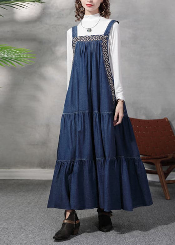 Stylish Blue wrinkled Embroideried Spaghetti Strap Cotton Denim Dresses Spring NZ-FDL220304