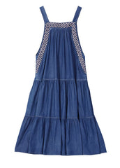 Stylish Blue wrinkled Embroideried Spaghetti Strap Cotton Denim Dresses Spring NZ-FDL220304