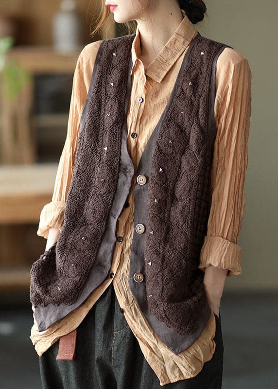 Stylish Coffee Patchwork Button Rivet Casual Fall Sleeveless Vest GK-VTP211015