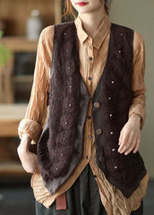 Stylish Coffee Patchwork Button Rivet Casual Fall Sleeveless Vest GK-VTP211015