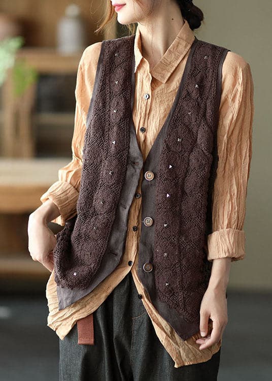 Stylish Coffee Patchwork Button Rivet Casual Fall Sleeveless Vest GK-VTP211015