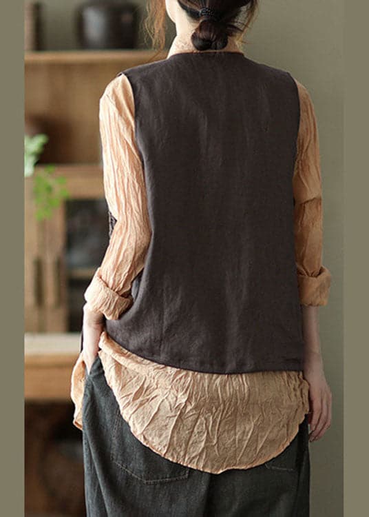 Stylish Coffee Patchwork Button Rivet Casual Fall Sleeveless Vest GK-VTP211015