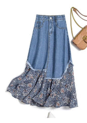 Stylish Denim Blue Asymmetrical Patchwork Print Button Pockets Maxi Skirt Summer GD-SKTS22071401