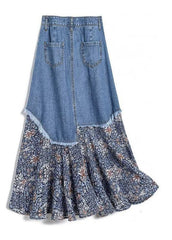 Stylish Denim Blue Asymmetrical Patchwork Print Button Pockets Maxi Skirt Summer GD-SKTS22071401