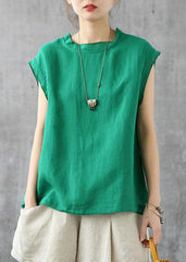 Stylish Green O-Neck Sleeveless Linen Summer Tops GK-STP210715