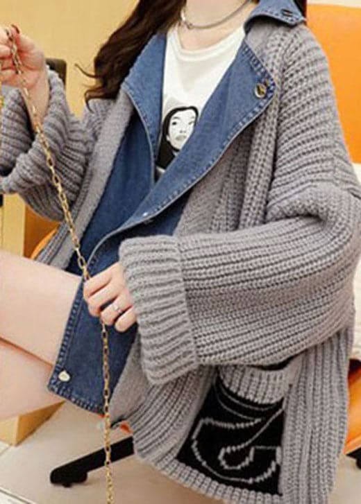 Stylish Grey Denim Patchwork Knit Casual Fall sweaters Coat XQX-NCT211110