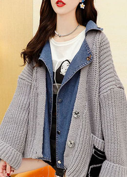 Stylish Grey Denim Patchwork Knit Casual Fall sweaters Coat XQX-NCT211110