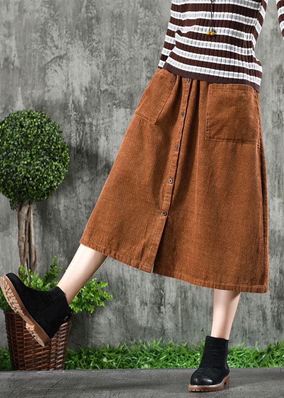 Stylish Khaki High Waist Big Pockets Corduroy A Line Skirt Winter GK-SKTS220815