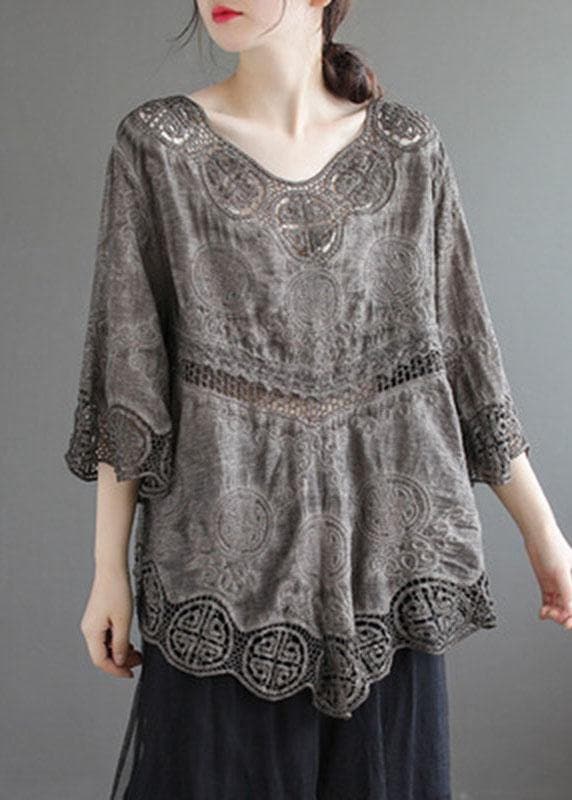 Stylish Khaki O-Neck Embroideried Summer Asymmetrical Design Top GK-HTP210720