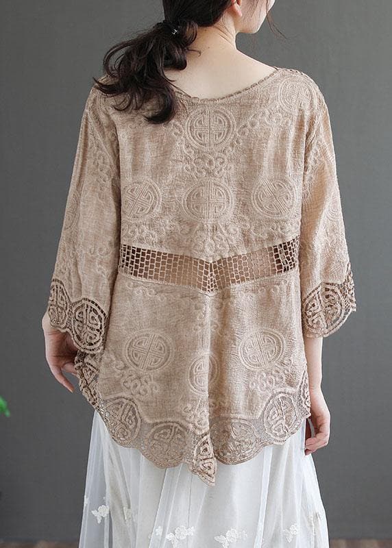 Stylish Khaki O-Neck Embroideried Summer Asymmetrical Design Top GK-HTP210720