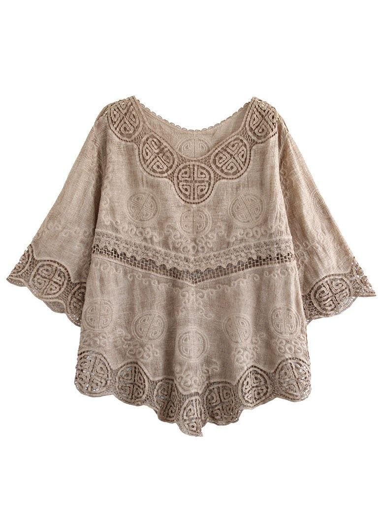 Stylish Khaki O-Neck Embroideried Summer Asymmetrical Design Top GK-HTP210720