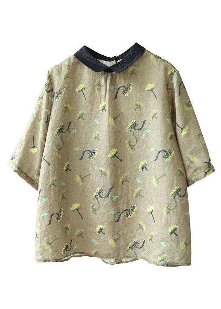 Stylish Khaki Patchwork Pullover Summer Linen Shirt Top Short Sleeve GK-HTP210708