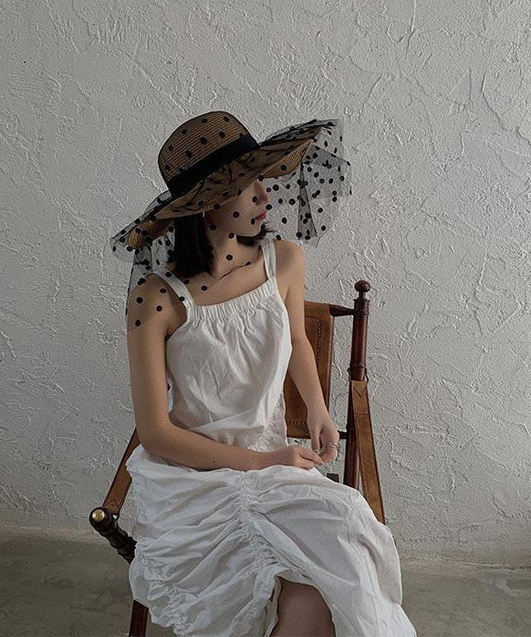 Stylish Khaki Patchwork Tulle Veil Straw Woven Floppy Sun Hat dylinoshop