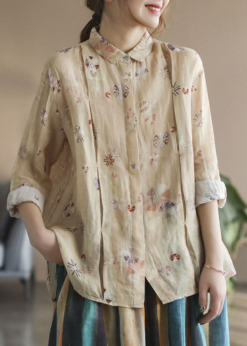 Stylish Khaki wrinkled Print Ramie Linen Shirt Tops Spring GK-LTP220127