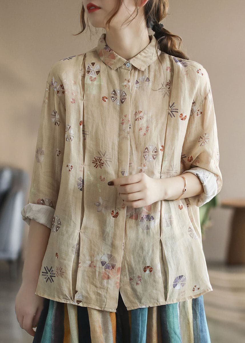 Stylish Khaki wrinkled Print Ramie Linen Shirt Tops Spring GK-LTP220127