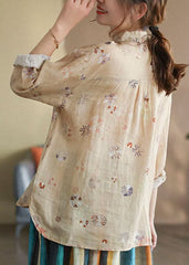 Stylish Khaki wrinkled Print Ramie Linen Shirt Tops Spring GK-LTP220127