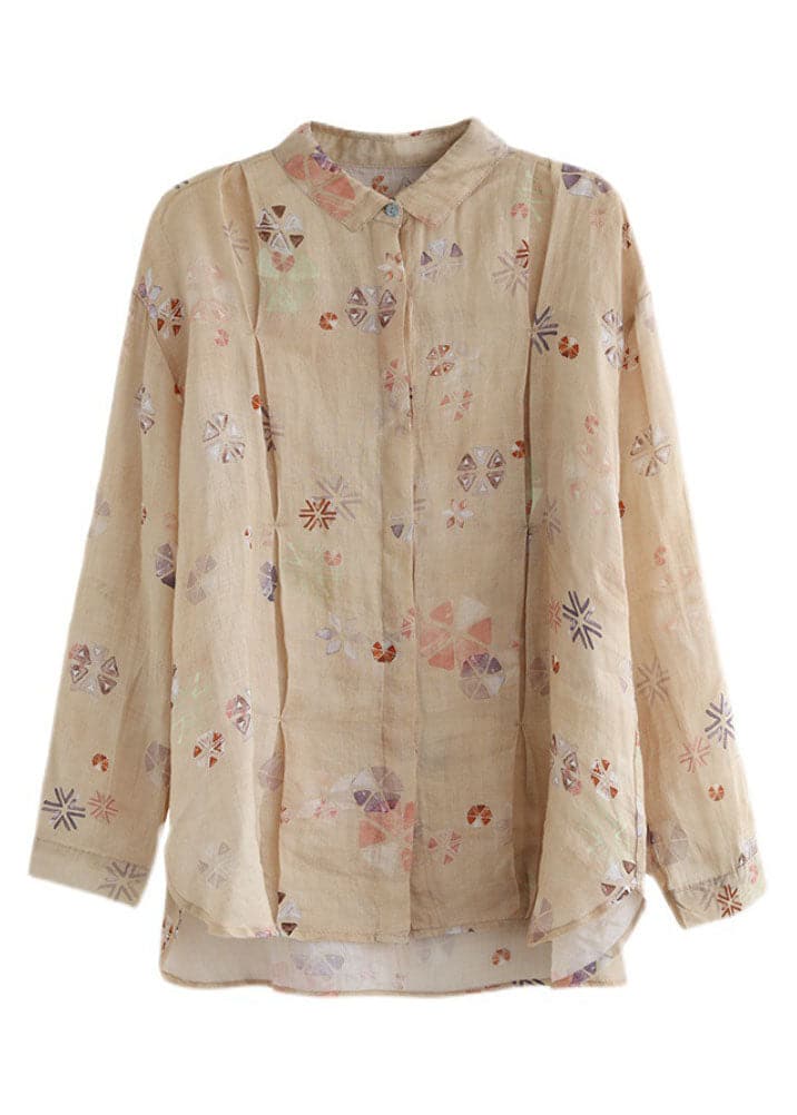 Stylish Khaki wrinkled Print Ramie Linen Shirt Tops Spring GK-LTP220127