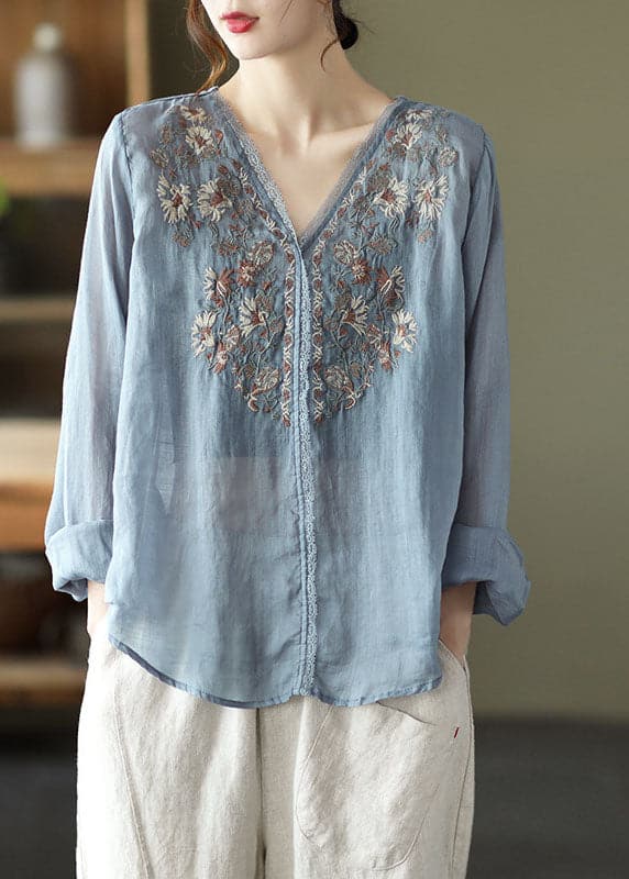 Stylish Lake Blue Embroideried Linen Blouse Tops Long Sleeve GK-LTP220228