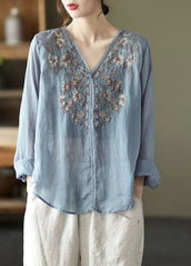 Stylish Lake Blue Embroideried Linen Blouse Tops Long Sleeve GK-LTP220228