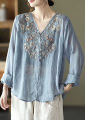 Stylish Lake Blue Embroideried Linen Blouse Tops Long Sleeve GK-LTP220228