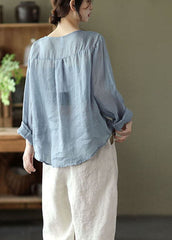 Stylish Lake Blue Embroideried Linen Blouse Tops Long Sleeve GK-LTP220228