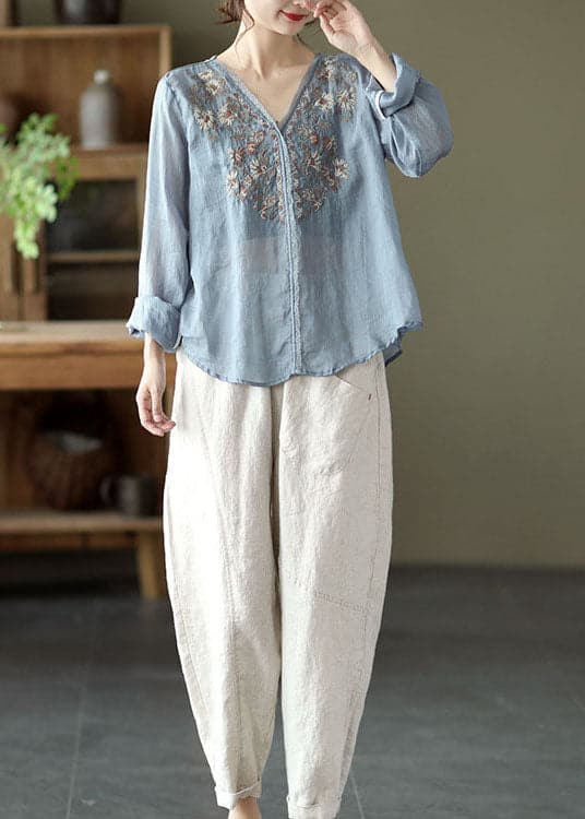 Stylish Lake Blue Embroideried Linen Blouse Tops Long Sleeve GK-LTP220228