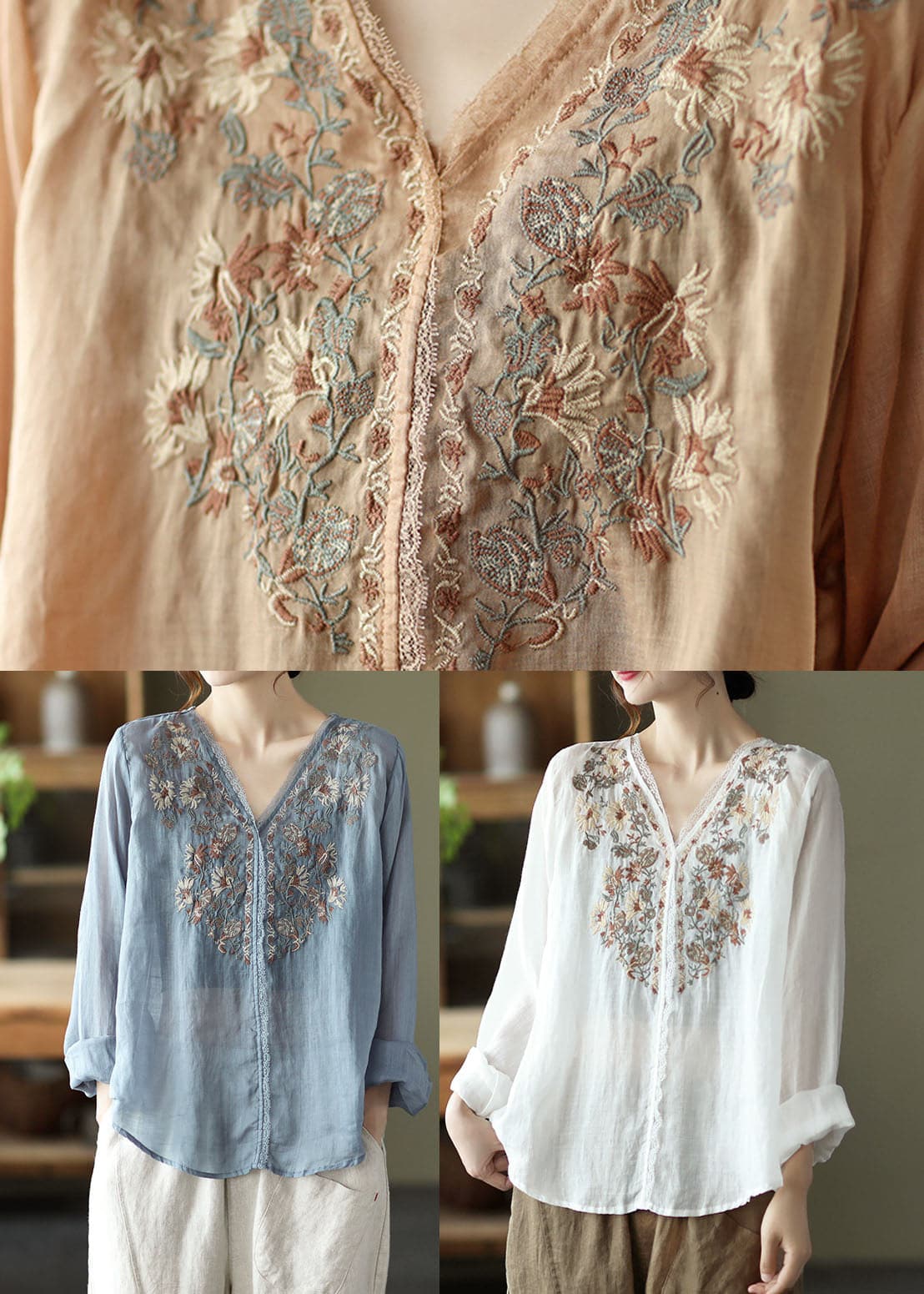 Stylish Lake Blue Embroideried Linen Blouse Tops Long Sleeve GK-LTP220228