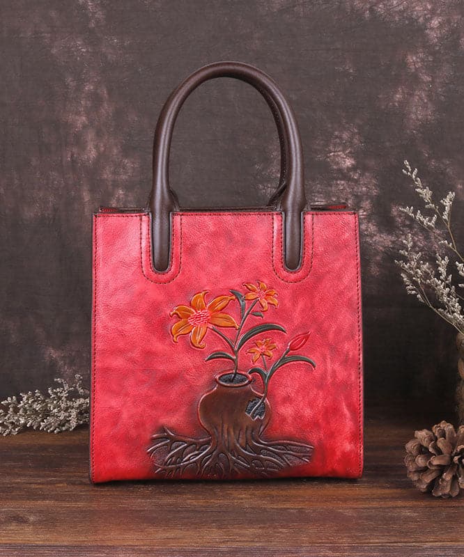 Stylish Red Floral Paitings Calf Leather Tote Handbag BGS220210