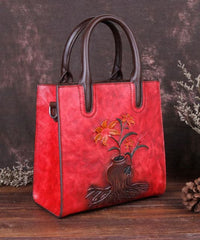 Stylish Red Floral Paitings Calf Leather Tote Handbag BGS220210