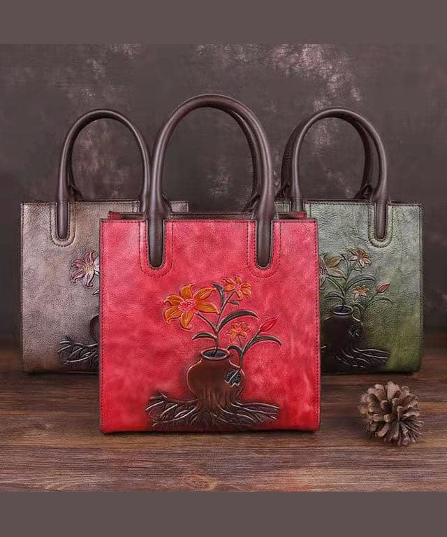 Stylish Red Floral Paitings Calf Leather Tote Handbag BGS220210