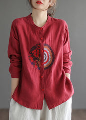 Stylish Red O-Neck Button Linen Blouses top Long Sleeve GK-LTP220301