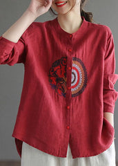 Stylish Red O-Neck Button Linen Blouses top Long Sleeve GK-LTP220301