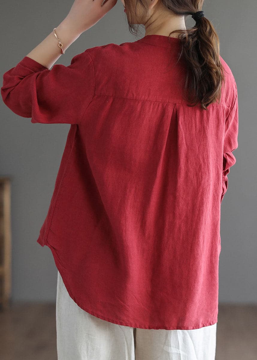 Stylish Red O-Neck Button Linen Blouses top Long Sleeve GK-LTP220301