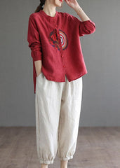 Stylish Red O-Neck Button Linen Blouses top Long Sleeve GK-LTP220301