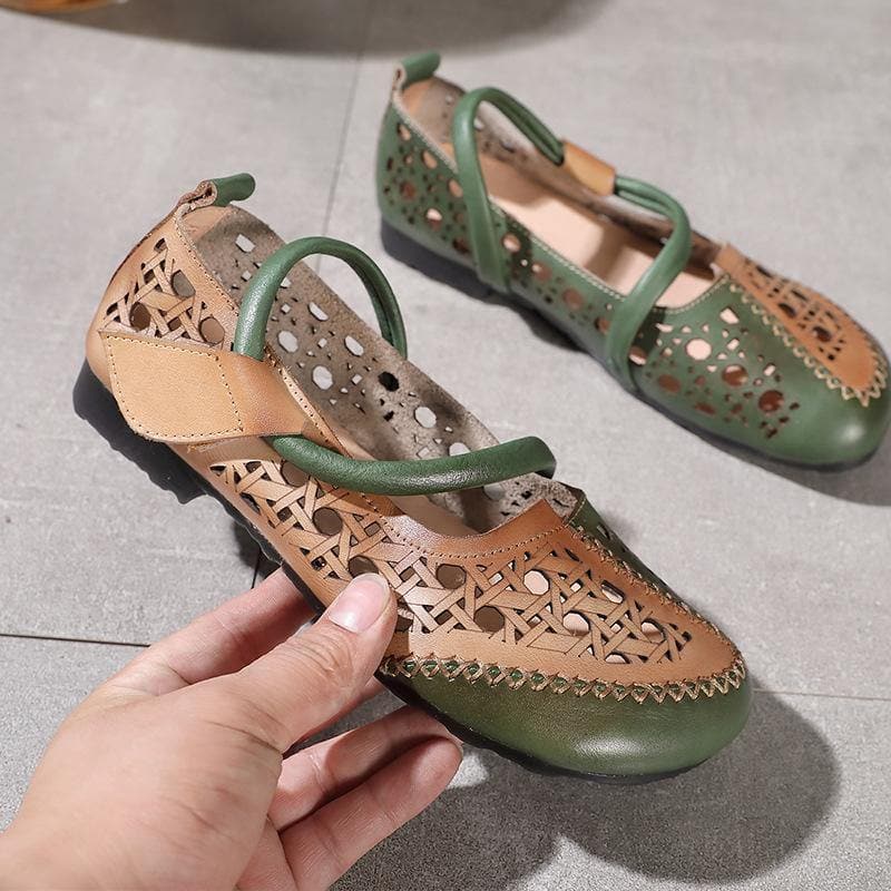 Stylish Splicing Loafers Green Genuine Leather Flat Sandals PDX210617