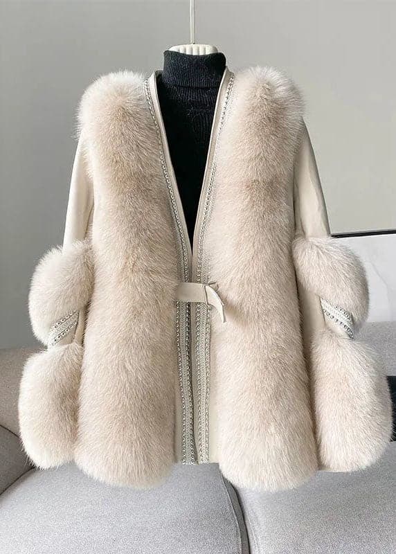 Stylish White V Neck Patchwork Mink Hair Coats Winter DJK211215