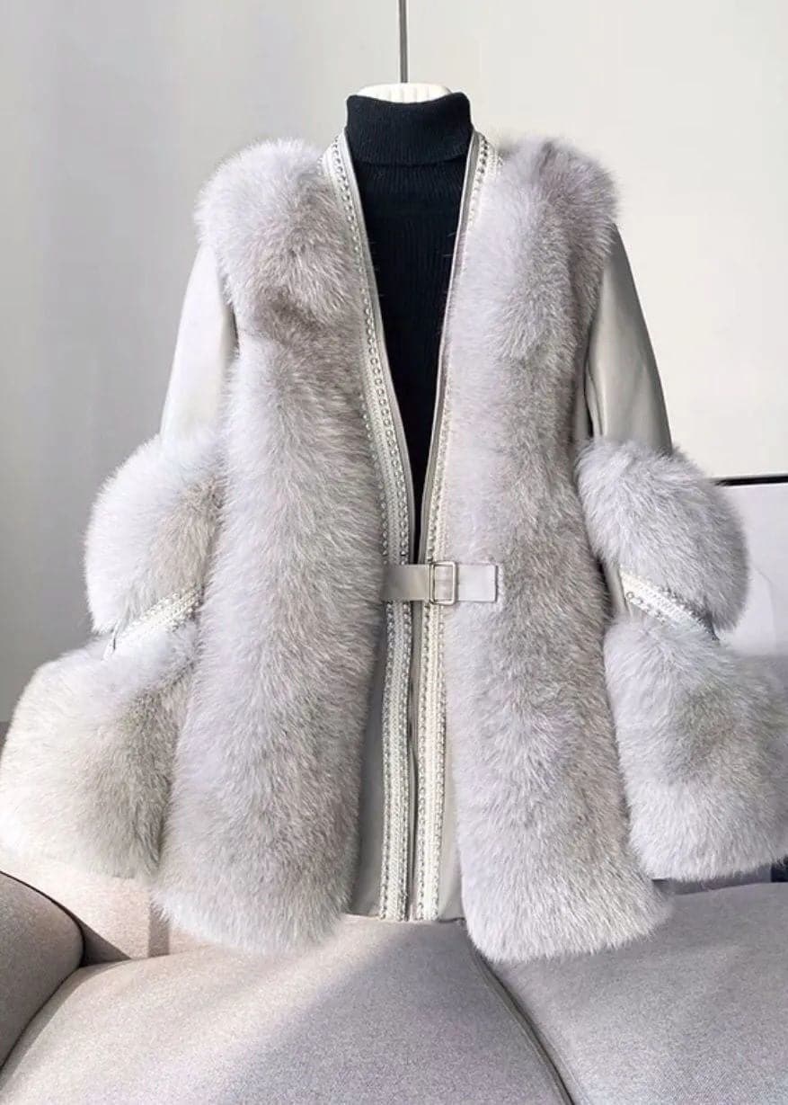 Stylish White V Neck Patchwork Mink Hair Coats Winter DJK211215