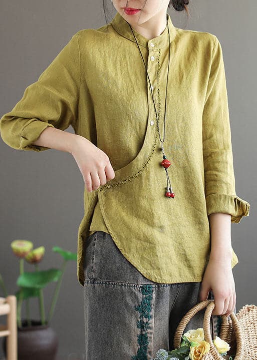 Stylish Yellow Stand Collar Asymmetrical Design Linen Tops Long Sleeve GK-LTP220815