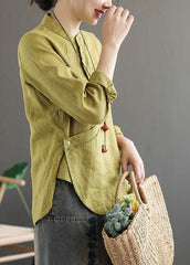 Stylish Yellow Stand Collar Asymmetrical Design Linen Tops Long Sleeve GK-LTP220815