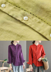 Stylish Yellow Stand Collar Asymmetrical Design Linen Tops Long Sleeve GK-LTP220815