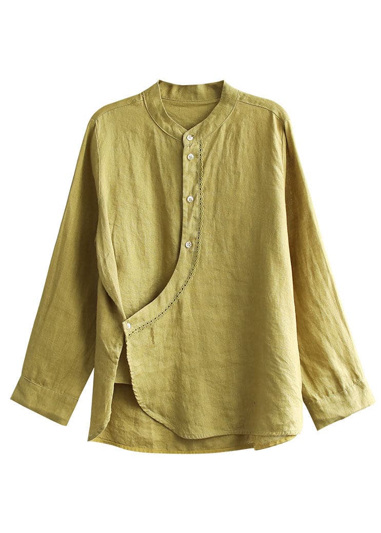 Stylish Yellow Stand Collar Asymmetrical Design Linen Tops Long Sleeve GK-LTP220815